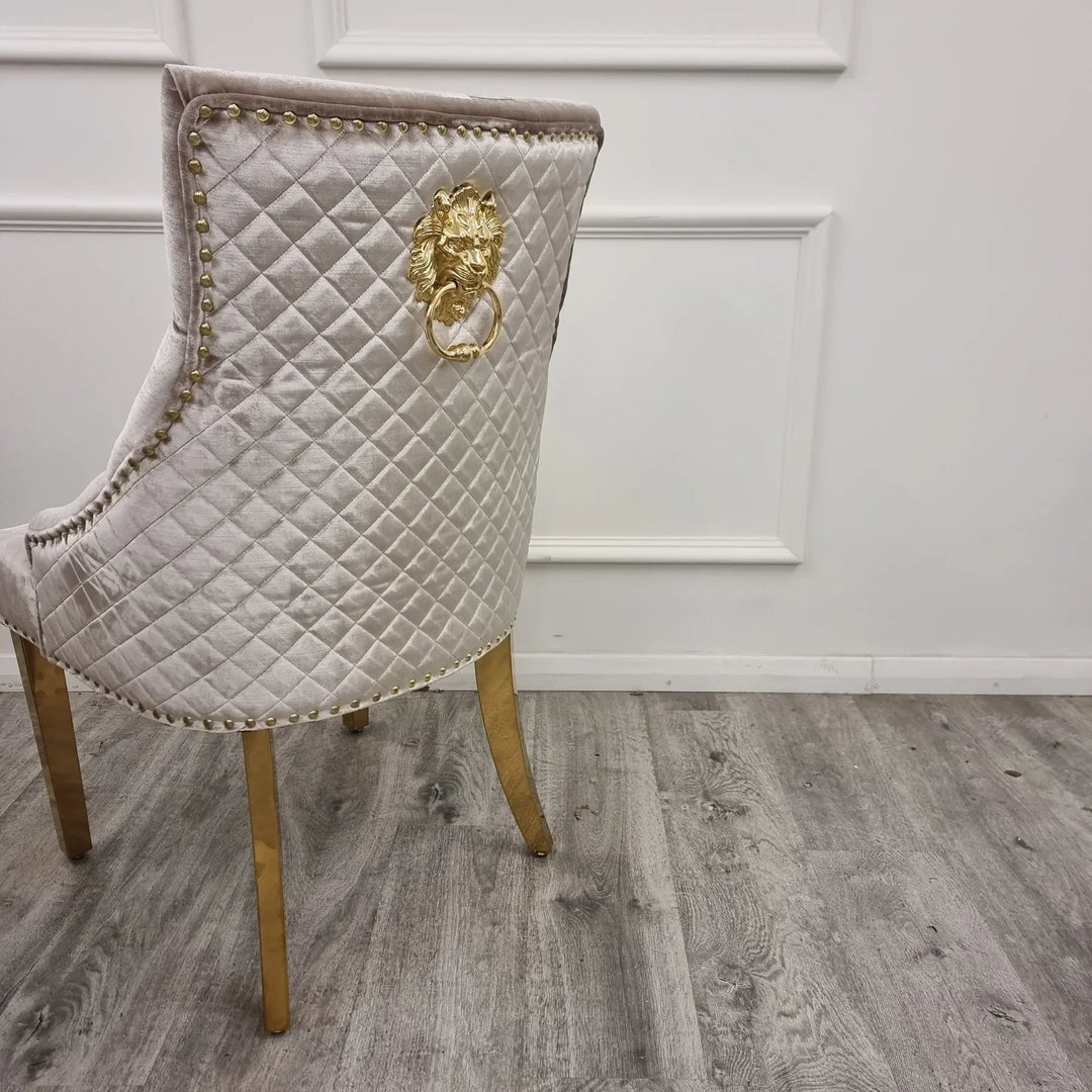Louis Marble & Gold Dining Table With Shimmer Gold Lion Knocker Dining Chairs
