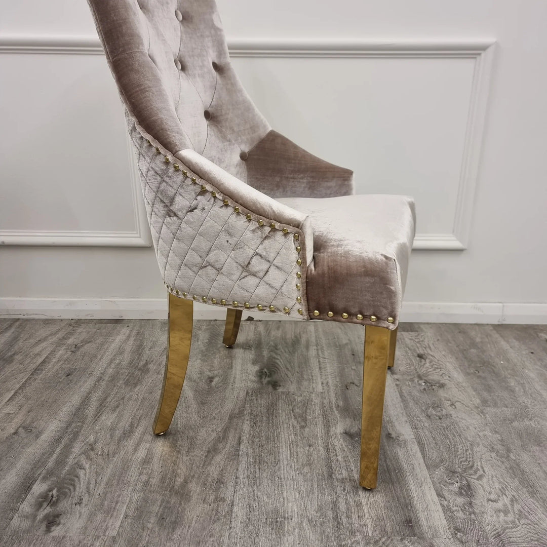 Louis Pandora Gold Marble Dining Table With Gold Lion Knocker Dining Chairs