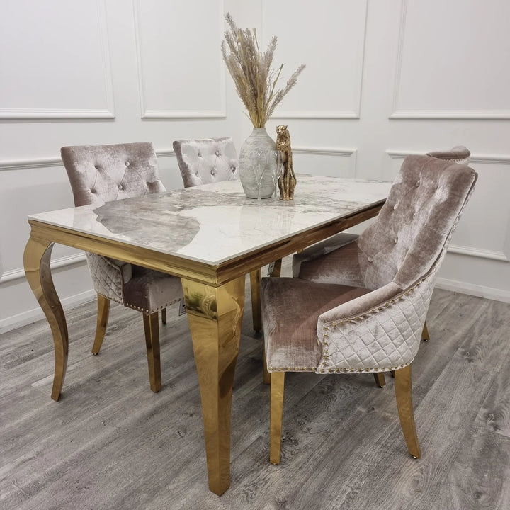 Louis Pandora Gold Marble Dining Table With Gold Lion Knocker Dining Chairs