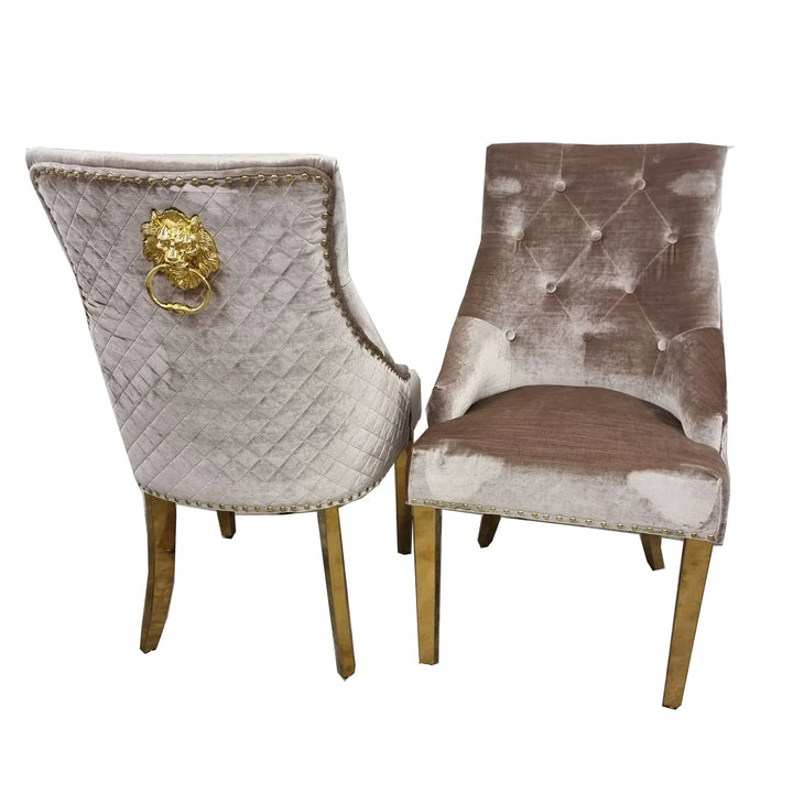 Louis Marble & Gold Dining Table With Shimmer Gold Lion Knocker Dining Chairs