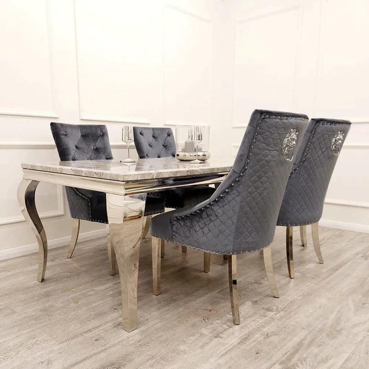Louis Marble & Chrome Dining Table With Quilted Lion Knocker Velvet Chairs-Esme Furnishings