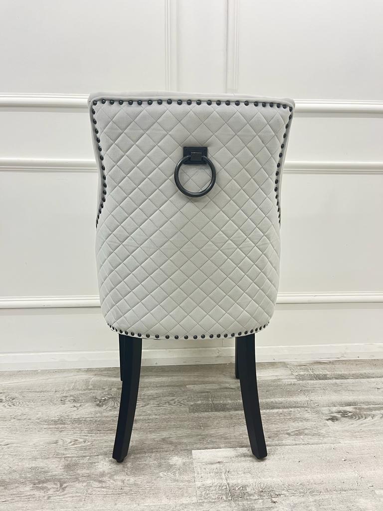 Light Grey Silver Plush Velvet Black Ring Quilted Knocker Chair Black Legs