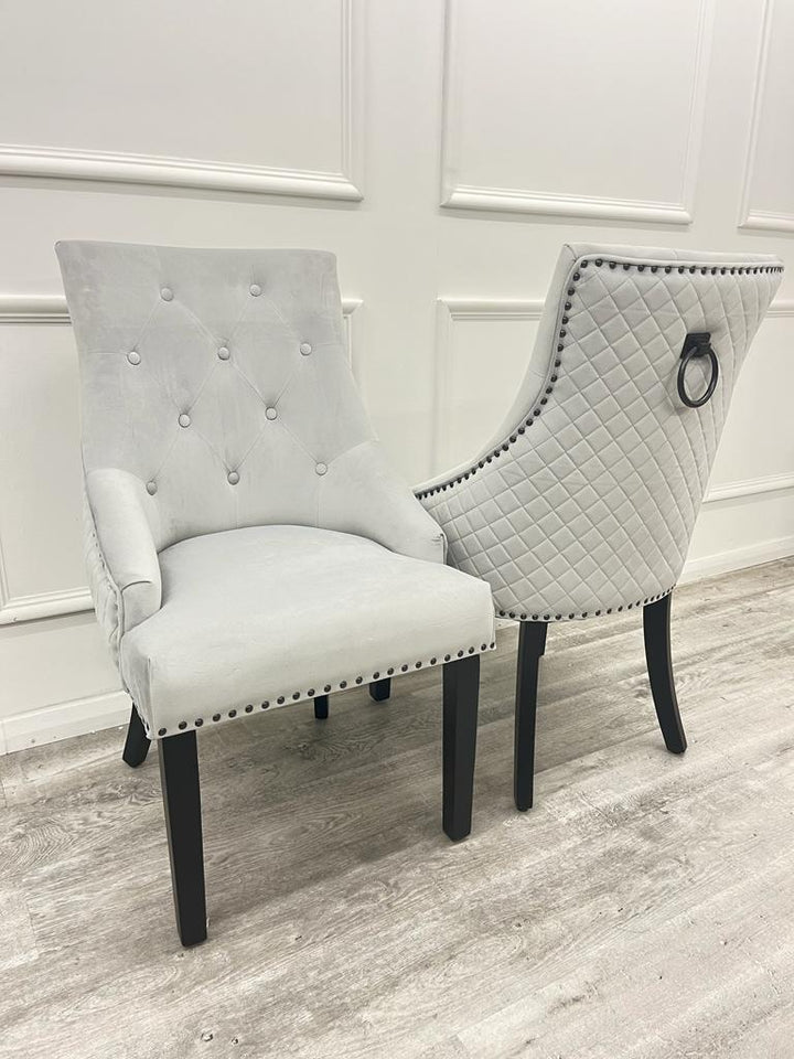Light Grey Silver Plush Velvet Black Ring Quilted Knocker Chair Black Legs
