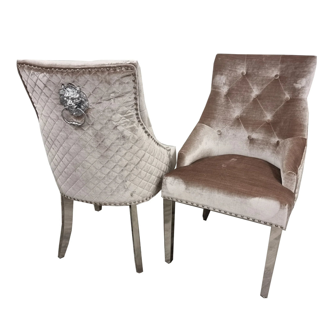 Louis 160cm Marble & Chrome Dining Table With Quilted Lion Knocker Velvet Chairs
