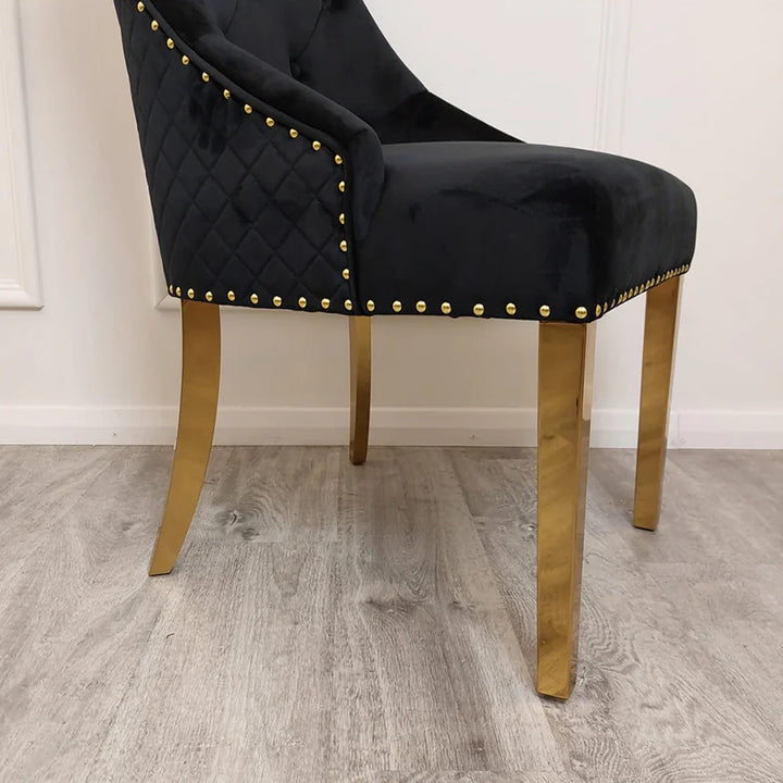 Louis Marble & Gold Dining Table With Shimmer Gold Lion Knocker Dining Chairs