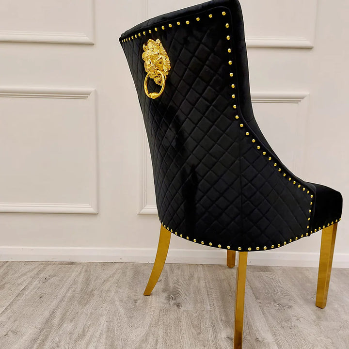 Louis Marble & Gold Dining Table With Shimmer Gold Lion Knocker Dining Chairs
