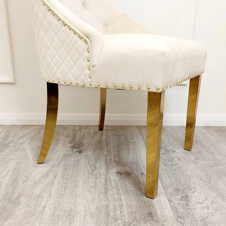 Majestic Gold Lion Knocker Quilted Tufted Plush Velvet Dining Chair Gold Legs - 3 Colours-Esme Furnishings