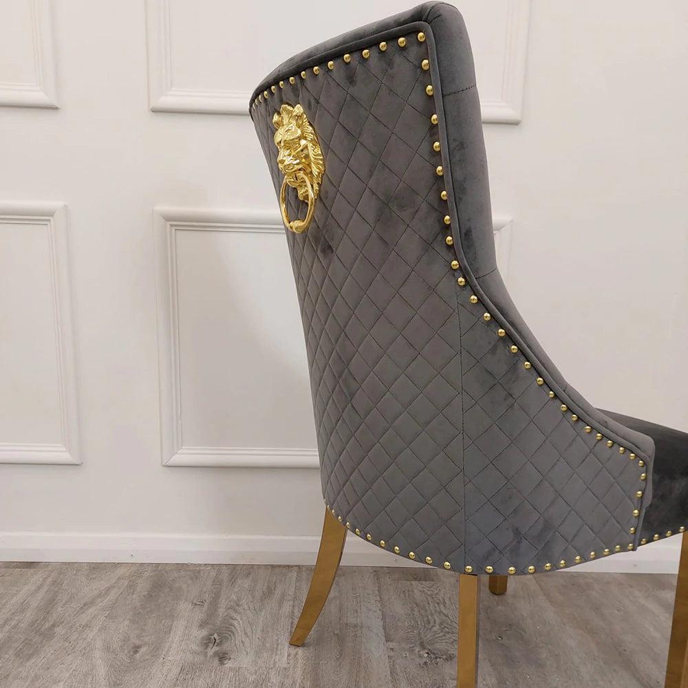 Gold Lion Knocker Quilted Tufted Plush Velvet Dining Chair Gold Legs - 4 Colours-Esme Furnishings