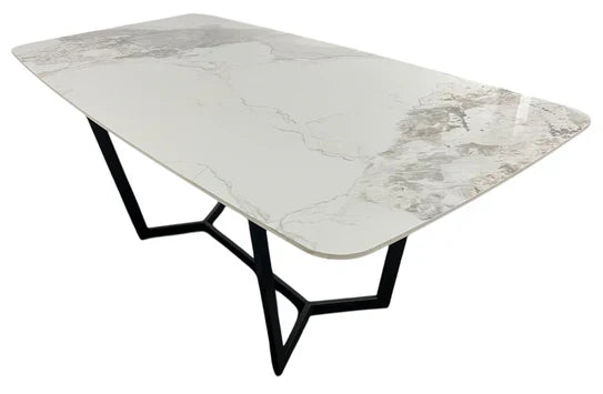 Lucien 150cm White Grey Ceramic Dining Table With Black Legs