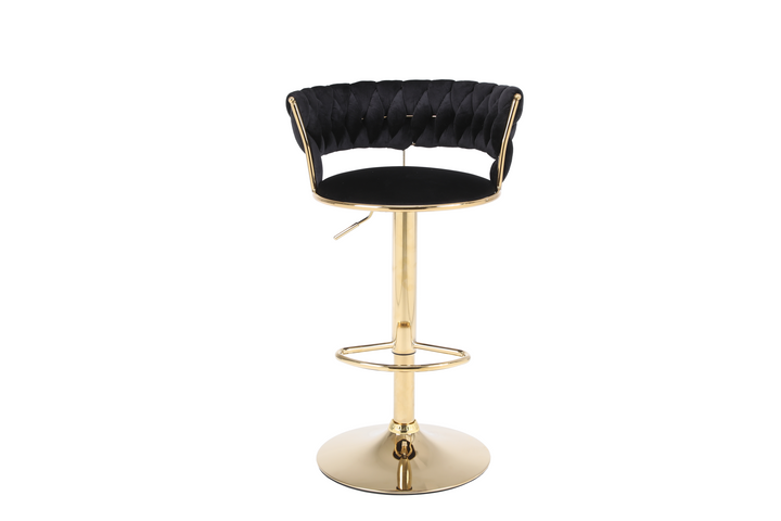 Pair of 2x Camilla Luxury Black & Gold Velvet Bar Stool Adjustable Gold Legs