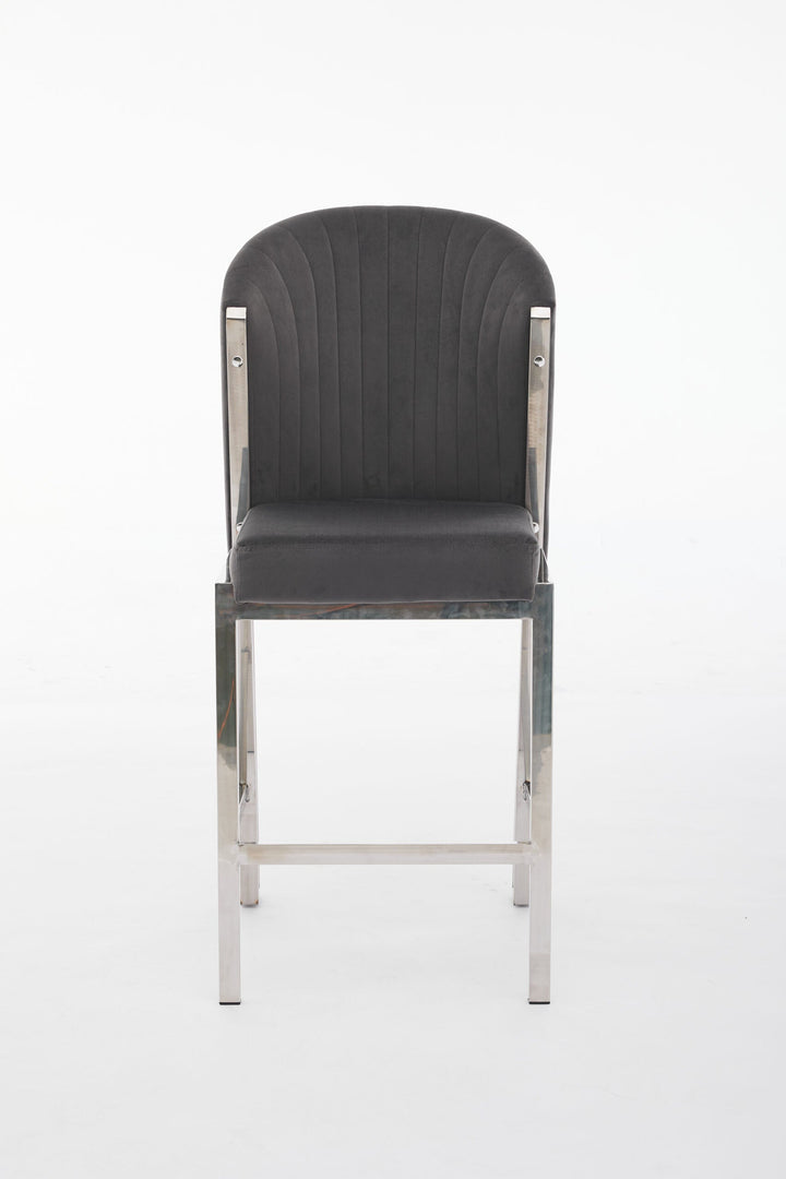 Favian Luxury Grey & Silver Velvet Bar Stool Chrome Legs