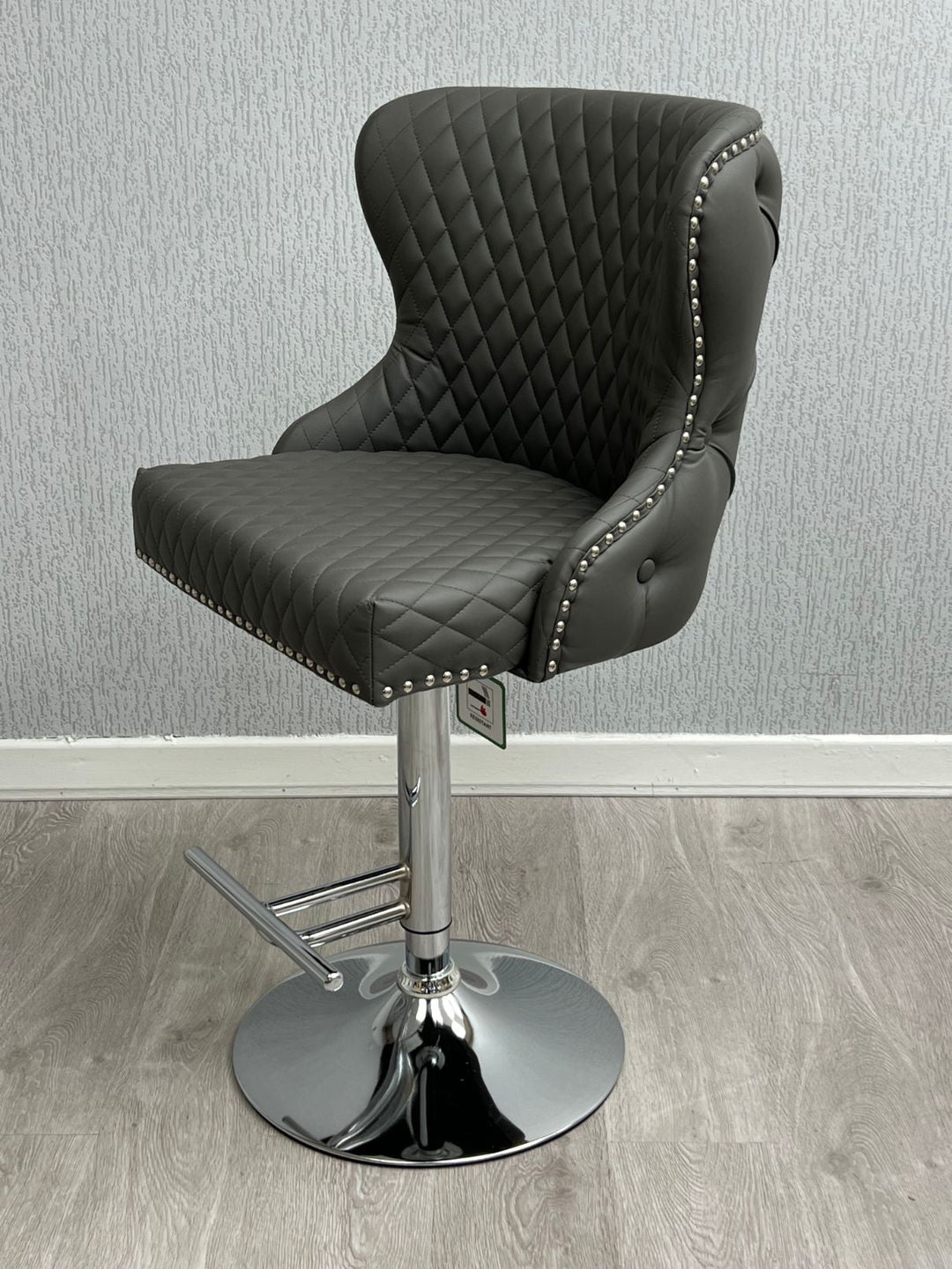 Valentino Grey PU Faux Leather Button Back Lion Knocker Barstool