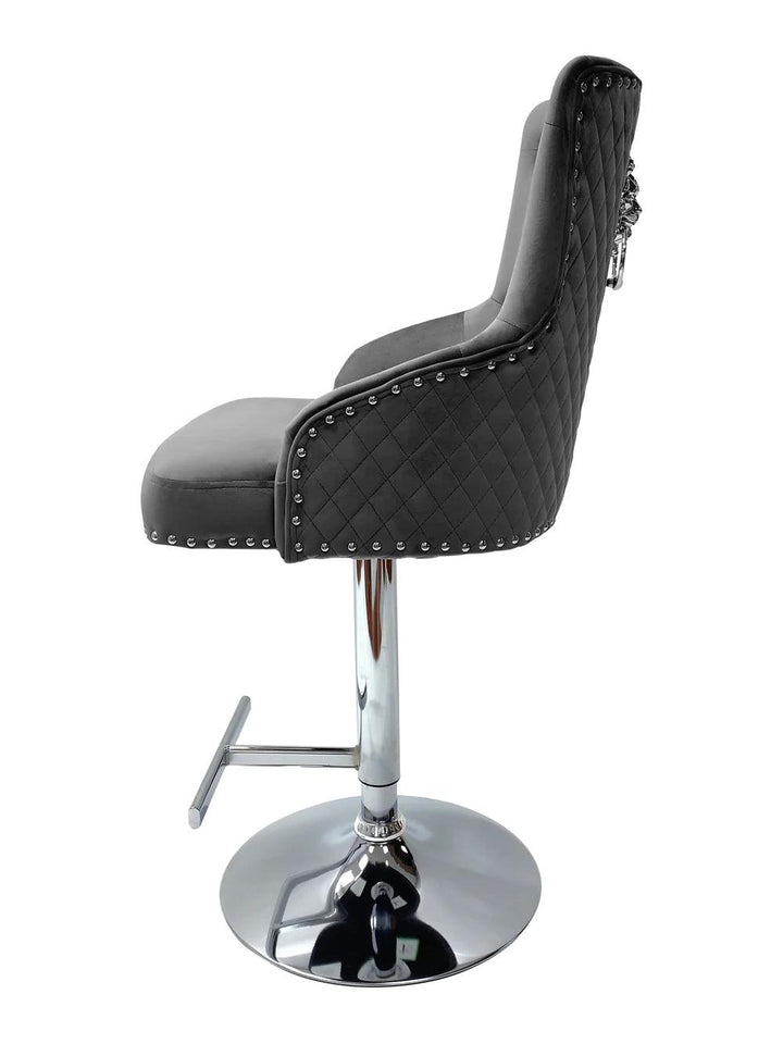 Majestic Grey Brushed Velvet Bar Stool With Lion Knocker-Esme Furnishings
