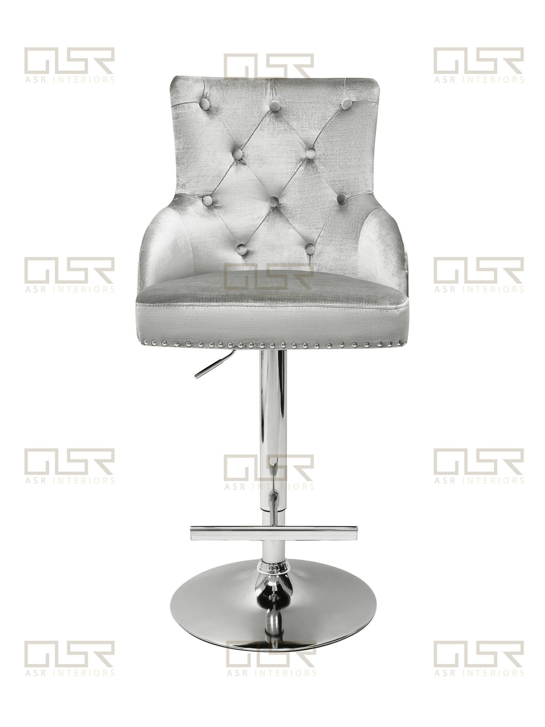Majestic Silver Light Grey Shimmer Velvet Bar Stool With Lion Knocker