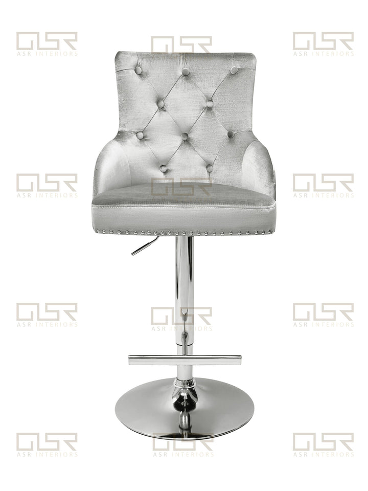 Majestic Silver Light Grey Shimmer Velvet Bar Stool With Lion Knocker
