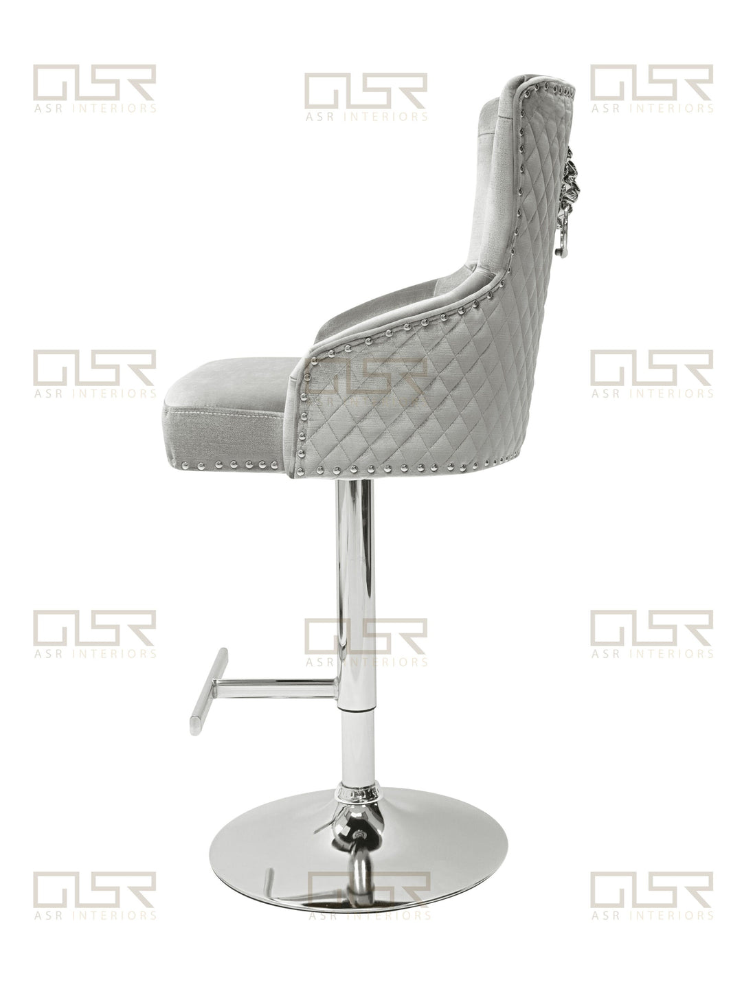Majestic Silver Light Grey Shimmer Velvet Bar Stool With Lion Knocker