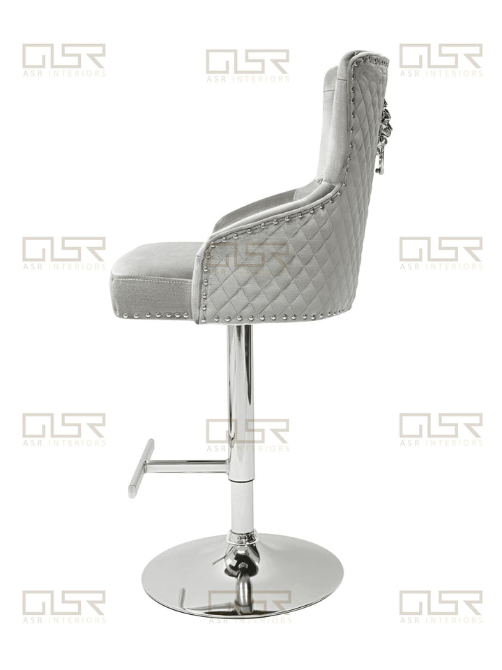 Majestic Silver Light Grey Shimmer Velvet Bar Stool With Lion Knocker
