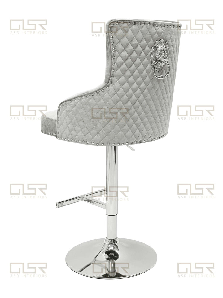 Majestic Silver Light Grey Shimmer Velvet Bar Stool With Lion Knocker