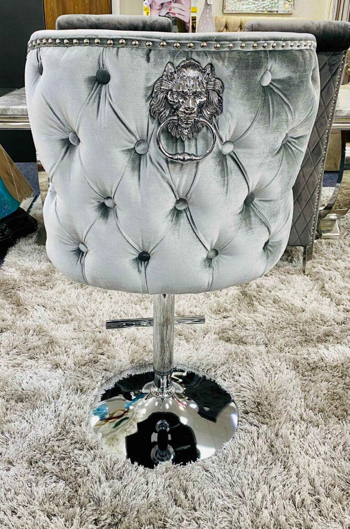 Valentino Pewter Shimmer Grey Lion Knocker Quilted Back Plush Velvet Chrome Bar Stool-Esme Furnishings