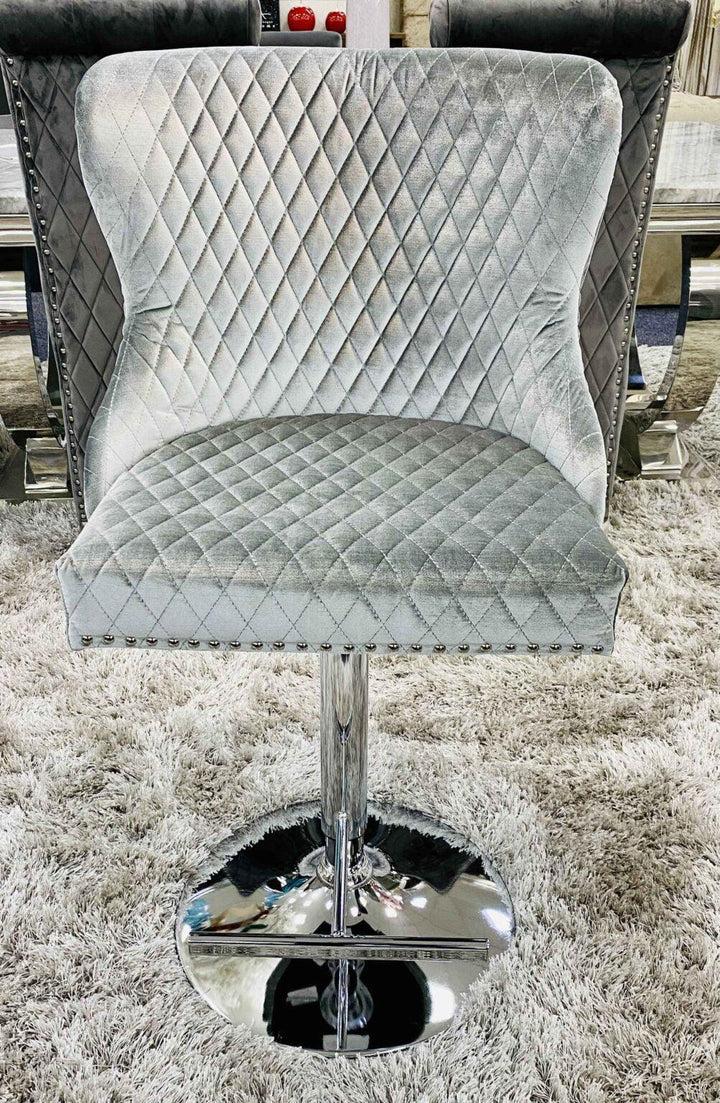 Valentino Pewter Shimmer Grey Lion Knocker Quilted Back Plush Velvet Chrome Bar Stool-Esme Furnishings