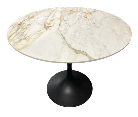 Bentley 90cm Gold/Grey Ceramic Marble Round Dining Table With Black Base + Roco 360º Grey Velvet Dining Chairs