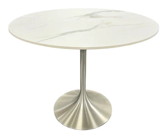Bentley 90cm Gold Ceramic Marble Round Dining Table With Chrome Base