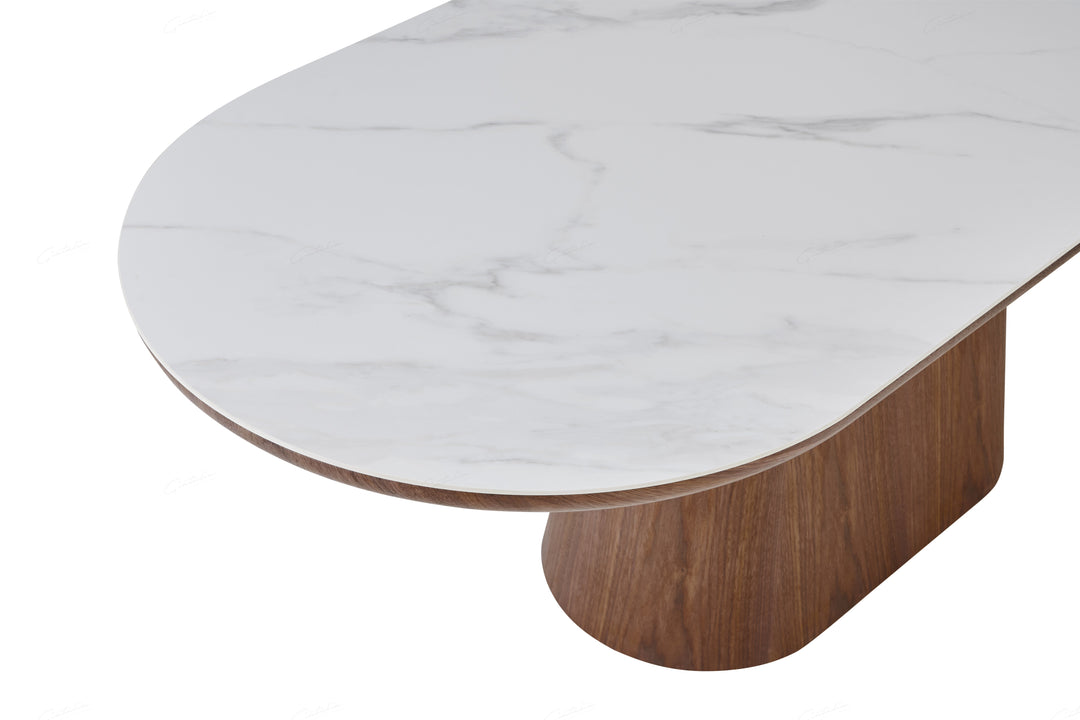 Bianca 200cm Oval Walnut & White Ceramic Marble Dining Table