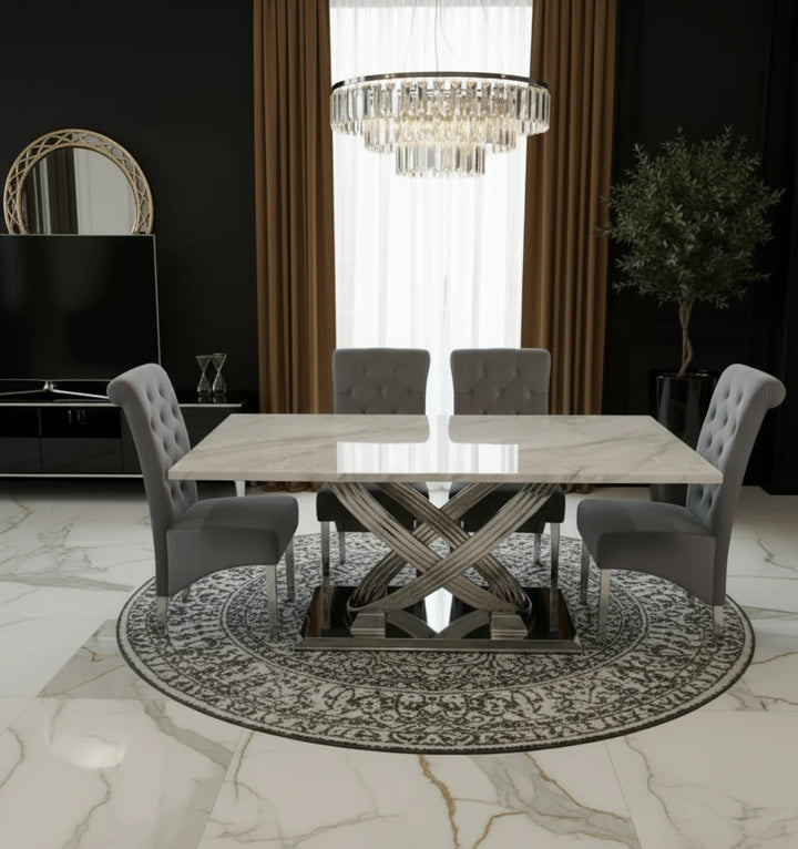 Elina 180cm Marble & Chrome Dining Table With Lucy Quilted Lion Knocker Velvet Chrome Chairs