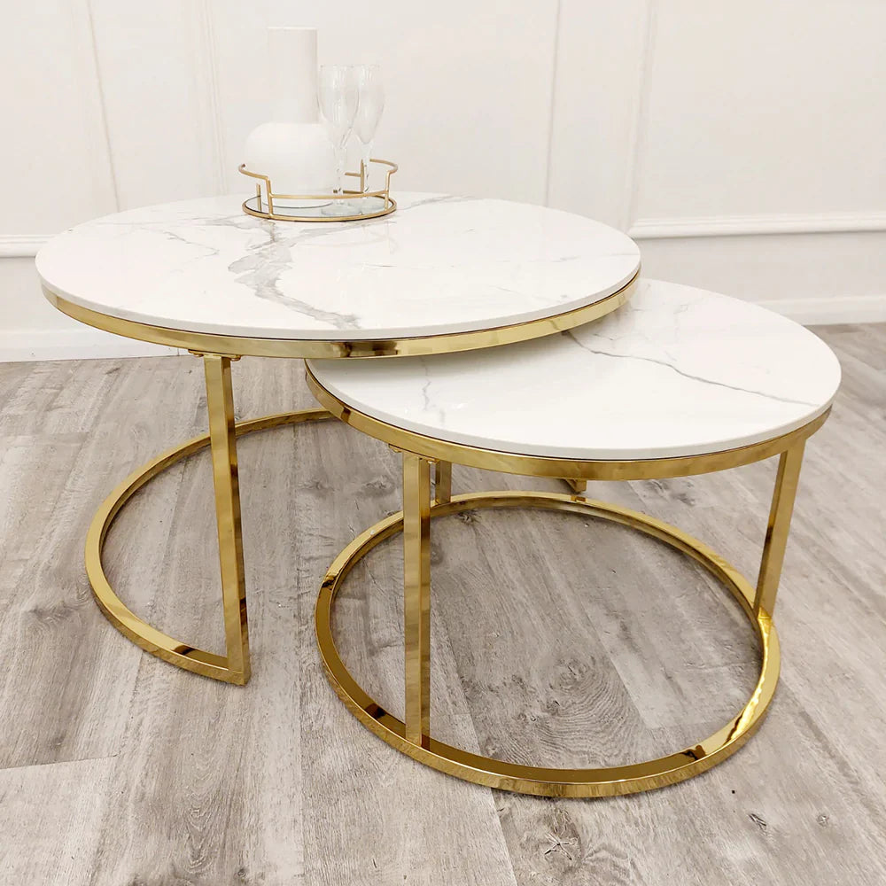 Cato Nest of 2 Short Round Coffee Gold Tables with Polar White Sintered Stone Tops-Esme Furnishings