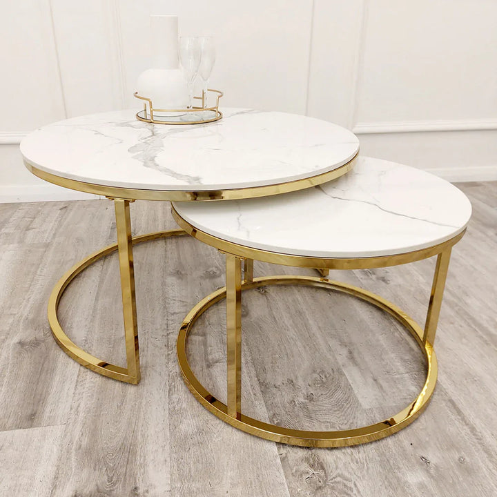 Cato Nest of 2 Short Round Coffee Gold Tables with Polar White Sintered Stone Tops-Esme Furnishings