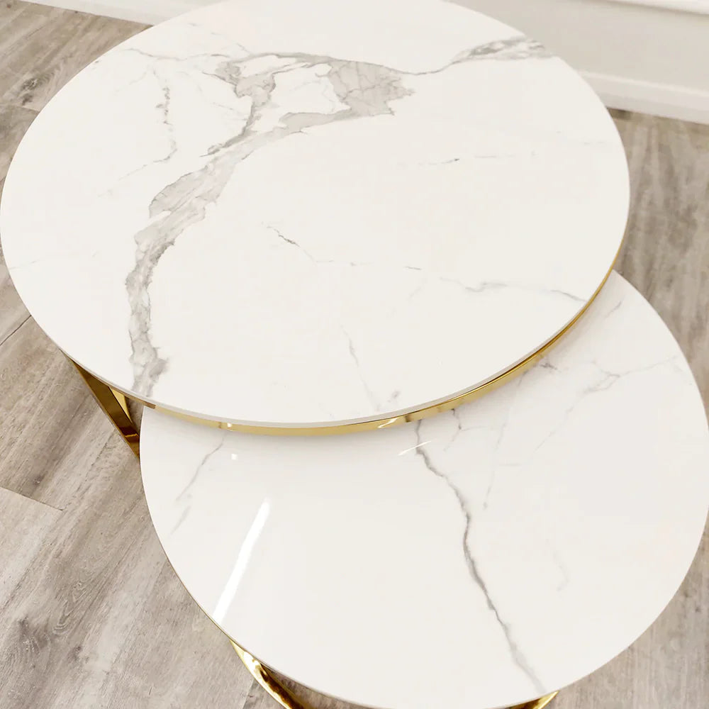 Cato Nest of 2 Short Round Coffee Gold Tables with Polar White Sintered Stone Tops-Esme Furnishings