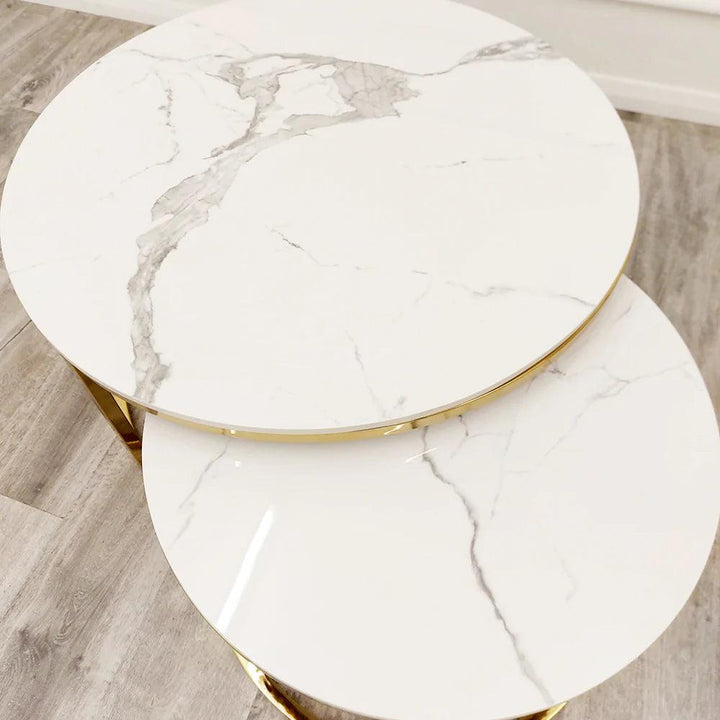 Cato Nest of 2 Round Coffee Gold Tables with Polar White Sintered Stone Tops-Esme Furnishings