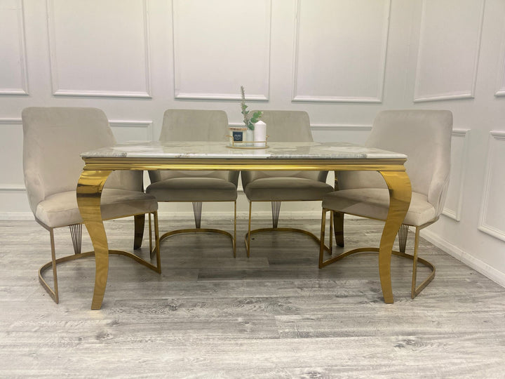 Louis Gold Marble Dining Table With Carlton Cream/Gold Velvet Dining Chairs