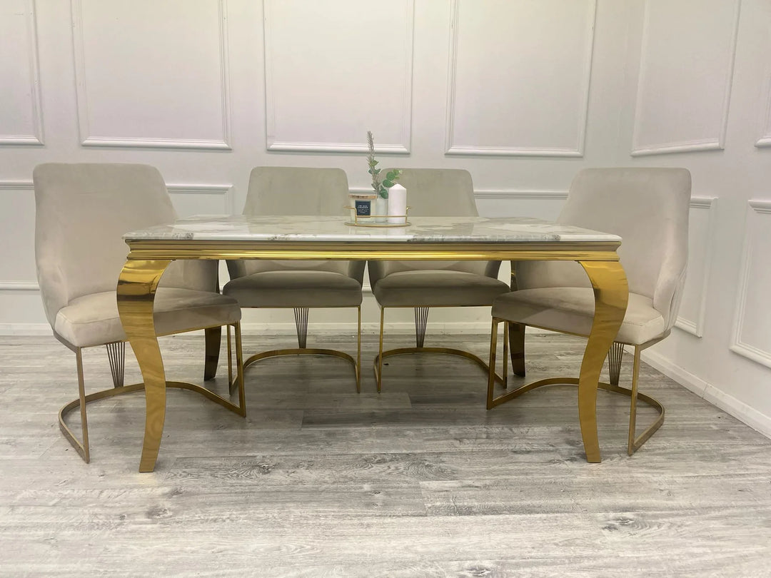 Louis Marble & Gold Dining Table With Carlton Cream/Gold Velvet Chairs