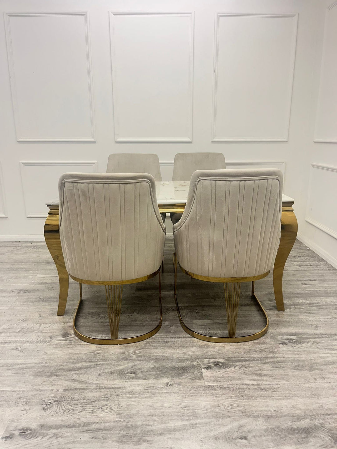 Louis Gold Marble Dining Table With Carlton Cream/Gold Velvet Dining Chairs