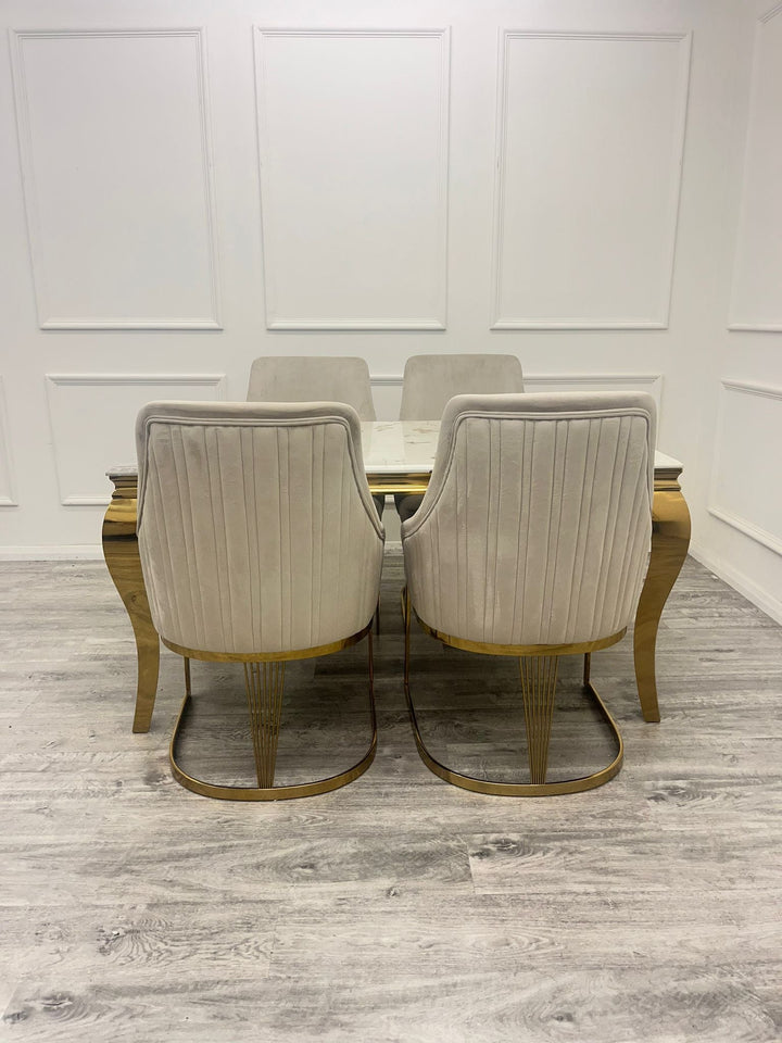 Louis Gold Marble Dining Table With Carlton Cream/Gold Velvet Dining Chairs