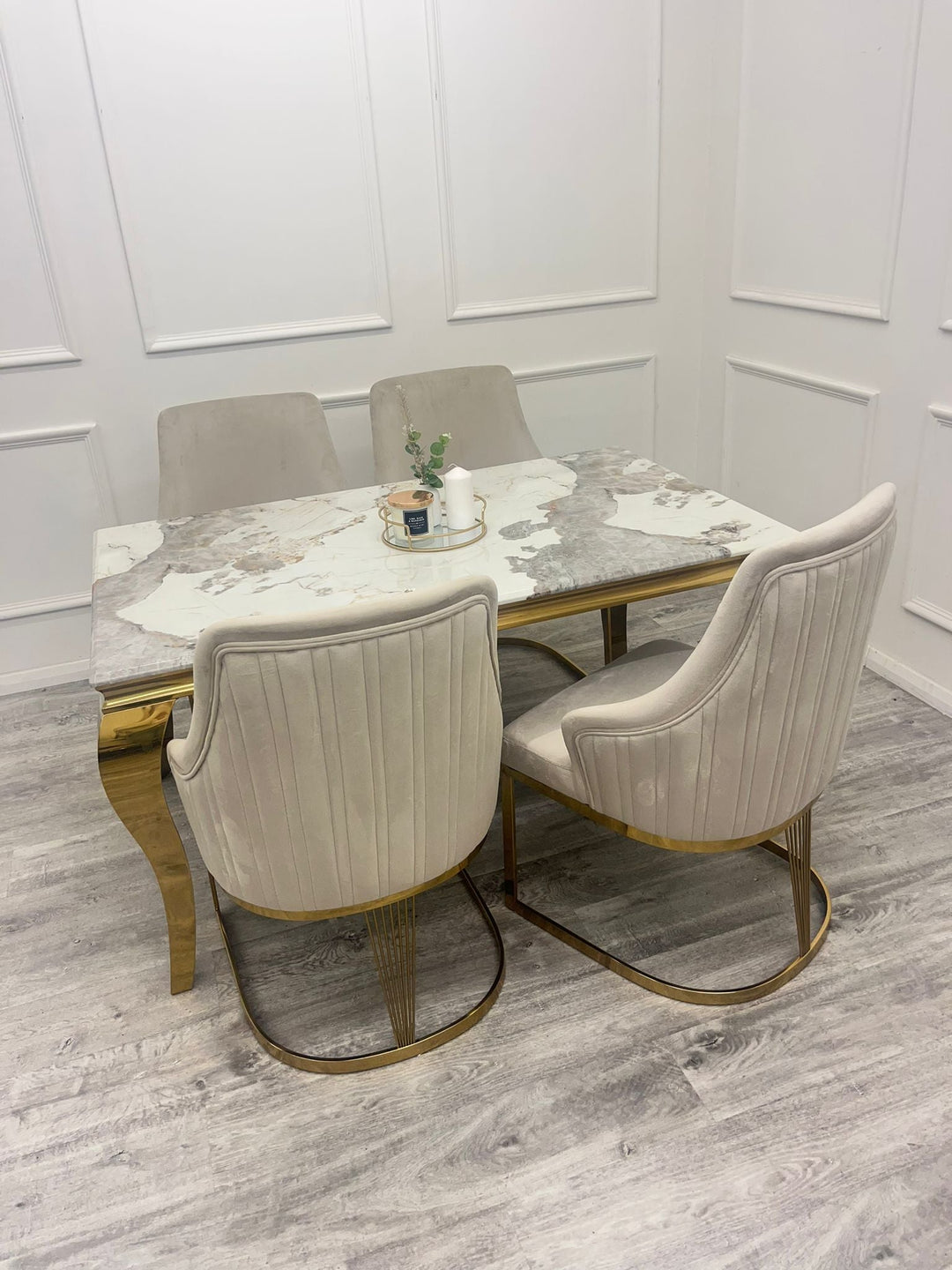 Louis Gold Marble Dining Table With Carlton Cream/Gold Velvet Dining Chairs