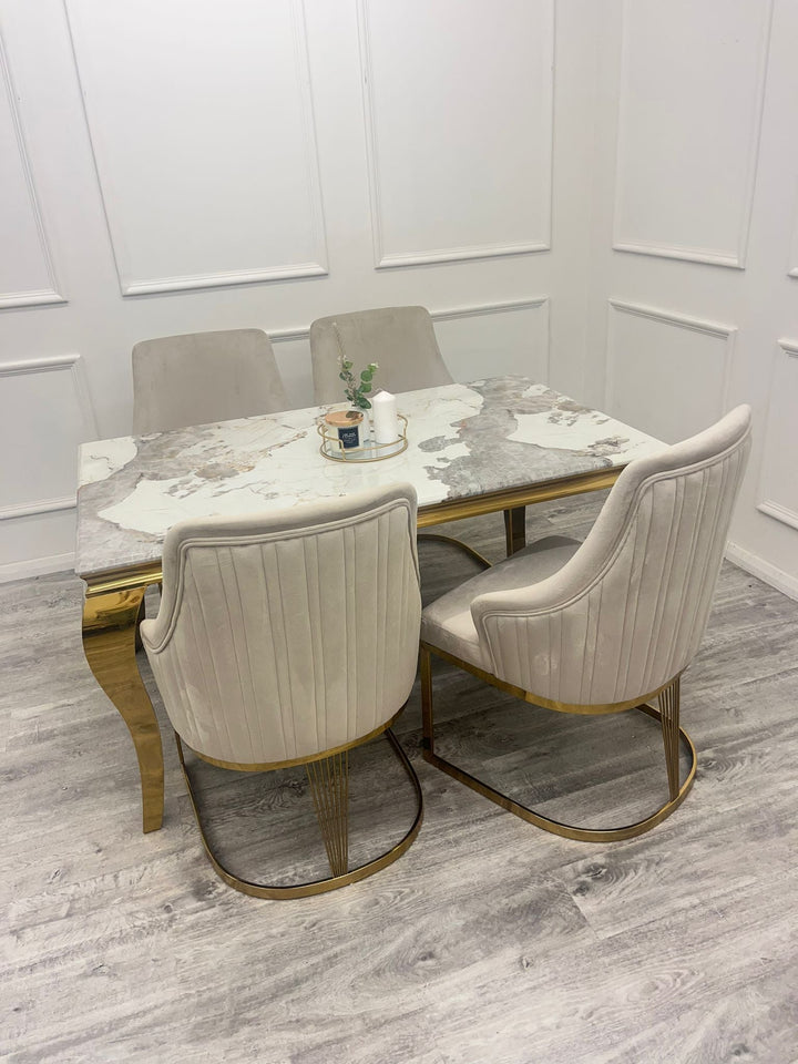 Louis Gold Marble Dining Table With Carlton Cream/Gold Velvet Dining Chairs