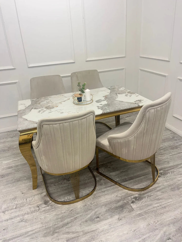 Louis Marble & Gold Dining Table With Carlton Cream/Gold Velvet Chairs
