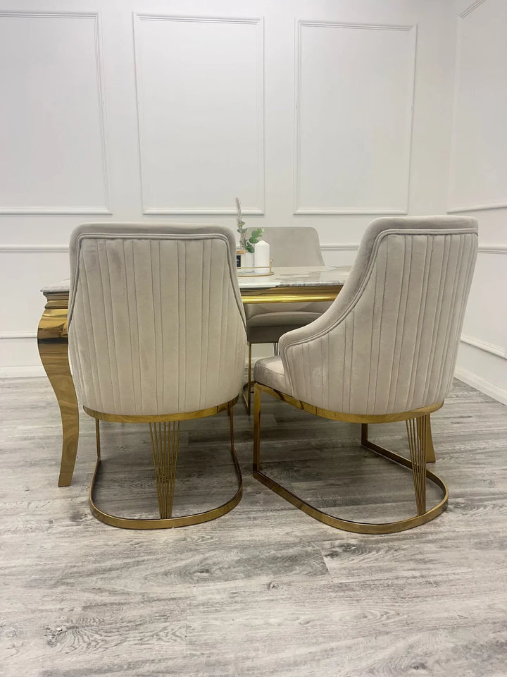 Louis Marble & Gold Dining Table With Carlton Cream/Gold Velvet Chairs