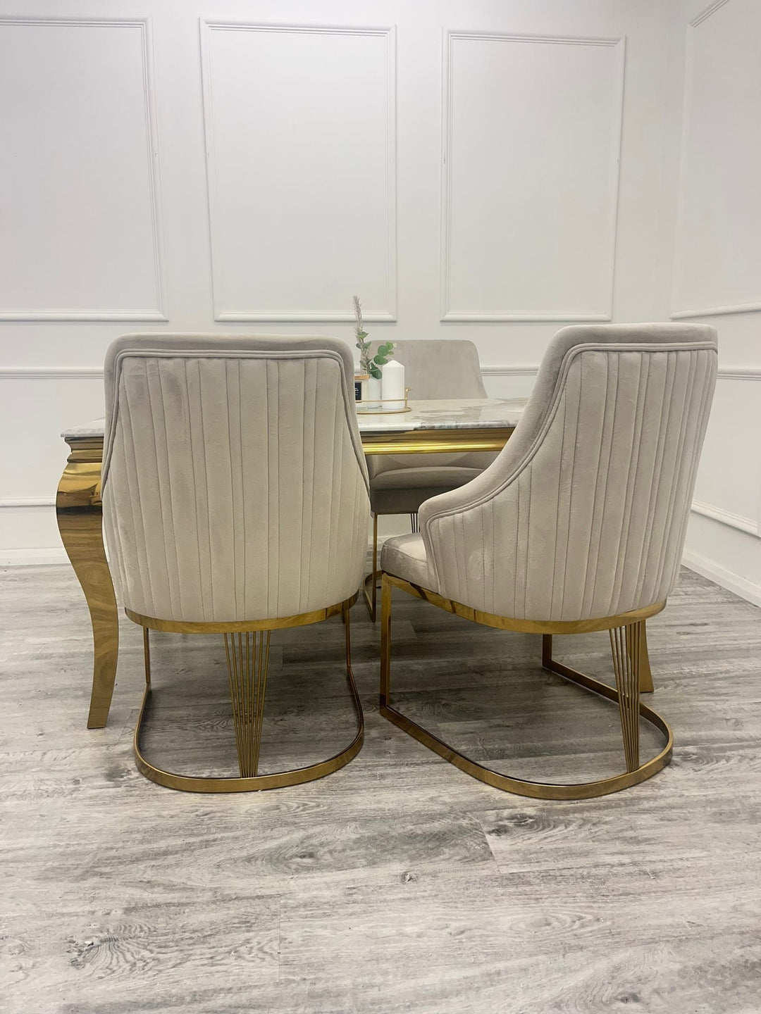 Arianna 180cm Gold Marble Dining Table With Carlton Cream/Gold Velvet Dining Chairs