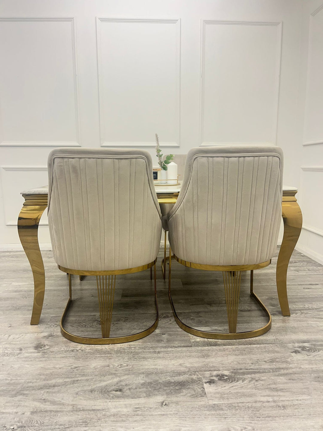 Louis Gold Marble Dining Table With Carlton Cream/Gold Velvet Dining Chairs