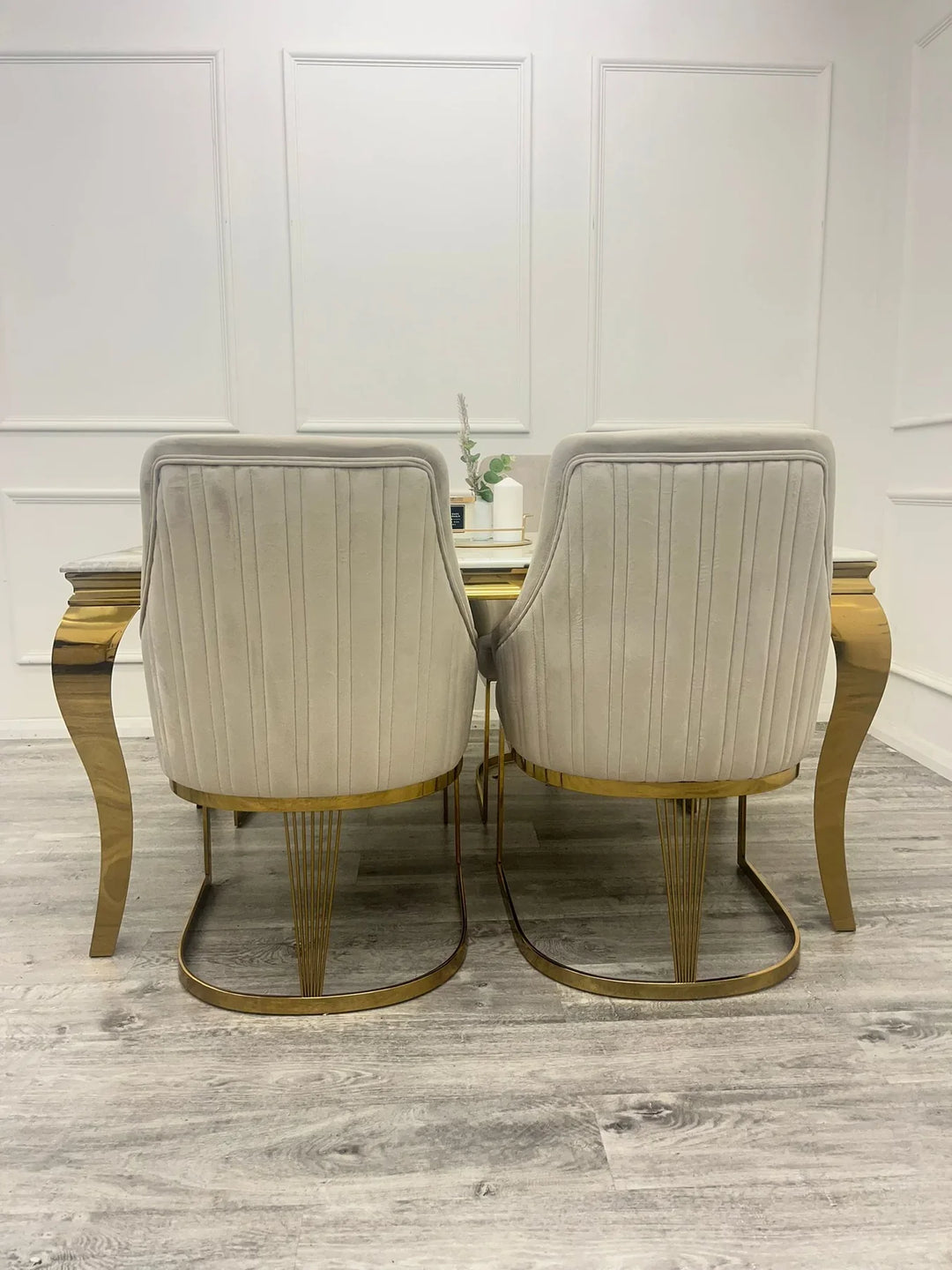 Louis Marble & Gold Dining Table With Carlton Cream/Gold Velvet Chairs