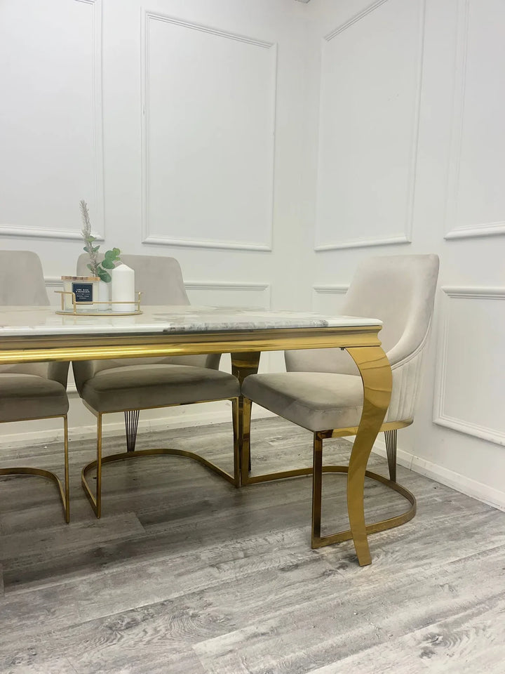 Louis Marble & Gold Dining Table With Carlton Cream/Gold Velvet Chairs