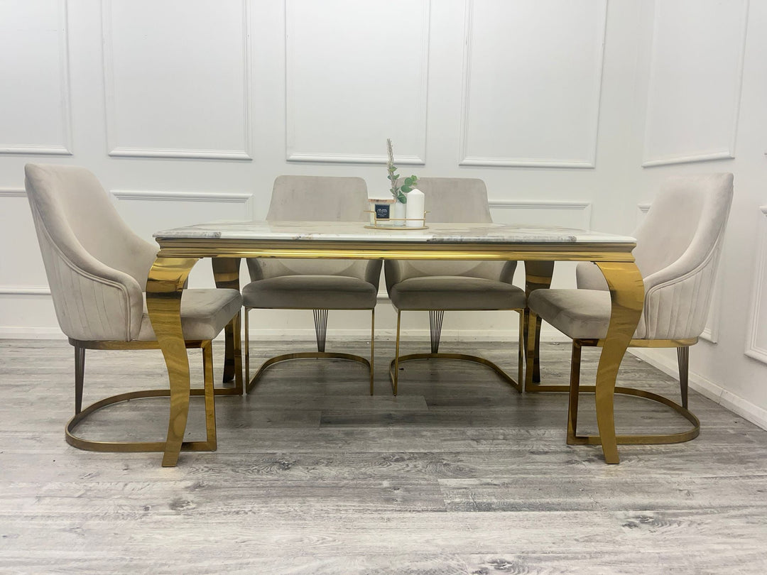 Louis Gold Marble Dining Table With Carlton Cream/Gold Velvet Dining Chairs