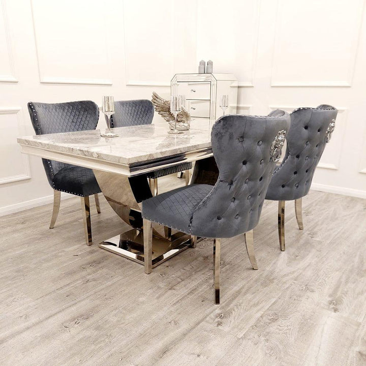 Arial Marble & Chrome Dining Table With Valentino Lion Knocker Velvet Chairs