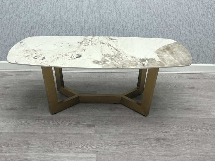 Lucien 180cm Gold Oval Dining Table with Pandora Gold Ceramic Marble Top + Cream/Gold  Ring Knocker Velvet Chairs