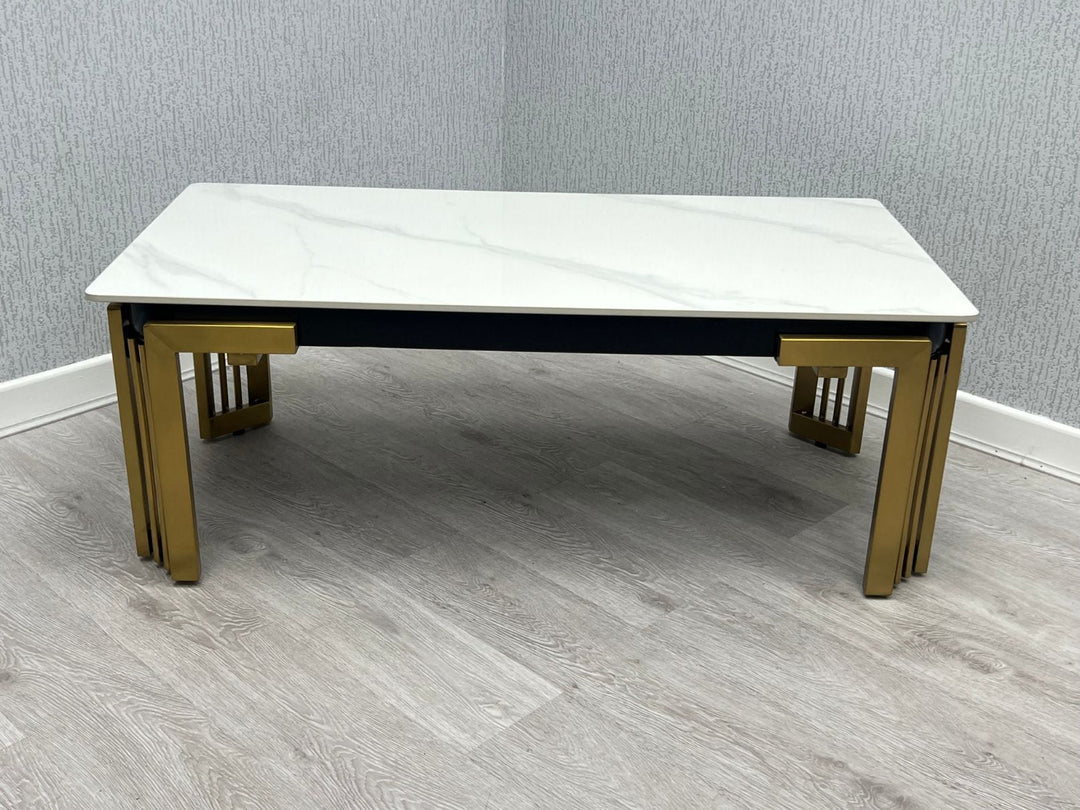 Sorrento 150cm Gold Dining Table with White Ceramic Marble Top + Cream/Gold  Ring Knocker Velvet Chairs