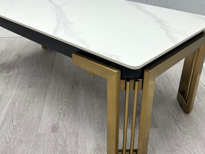 Sorrento 150cm Gold Dining Table with White Ceramic Marble Top + Cream/Gold Lion Knocker Velvet Chairs