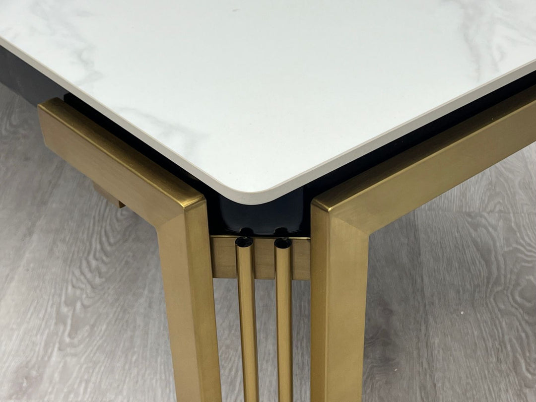 Sorrento 180cm Gold Dining Table with White Ceramic Marble Top + Cream/Gold  Ring Knocker Velvet Chairs